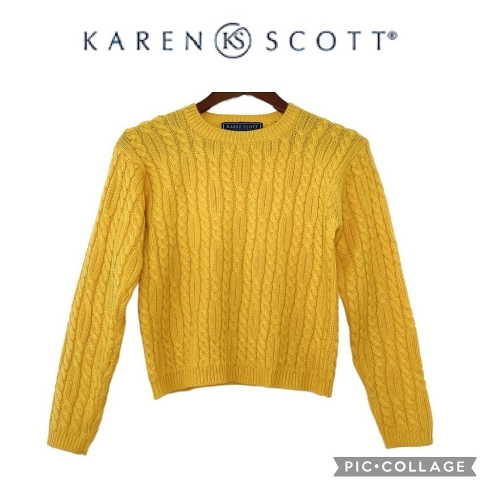 Karen Scott petite crewneck chunky knit yellow sweater size PS